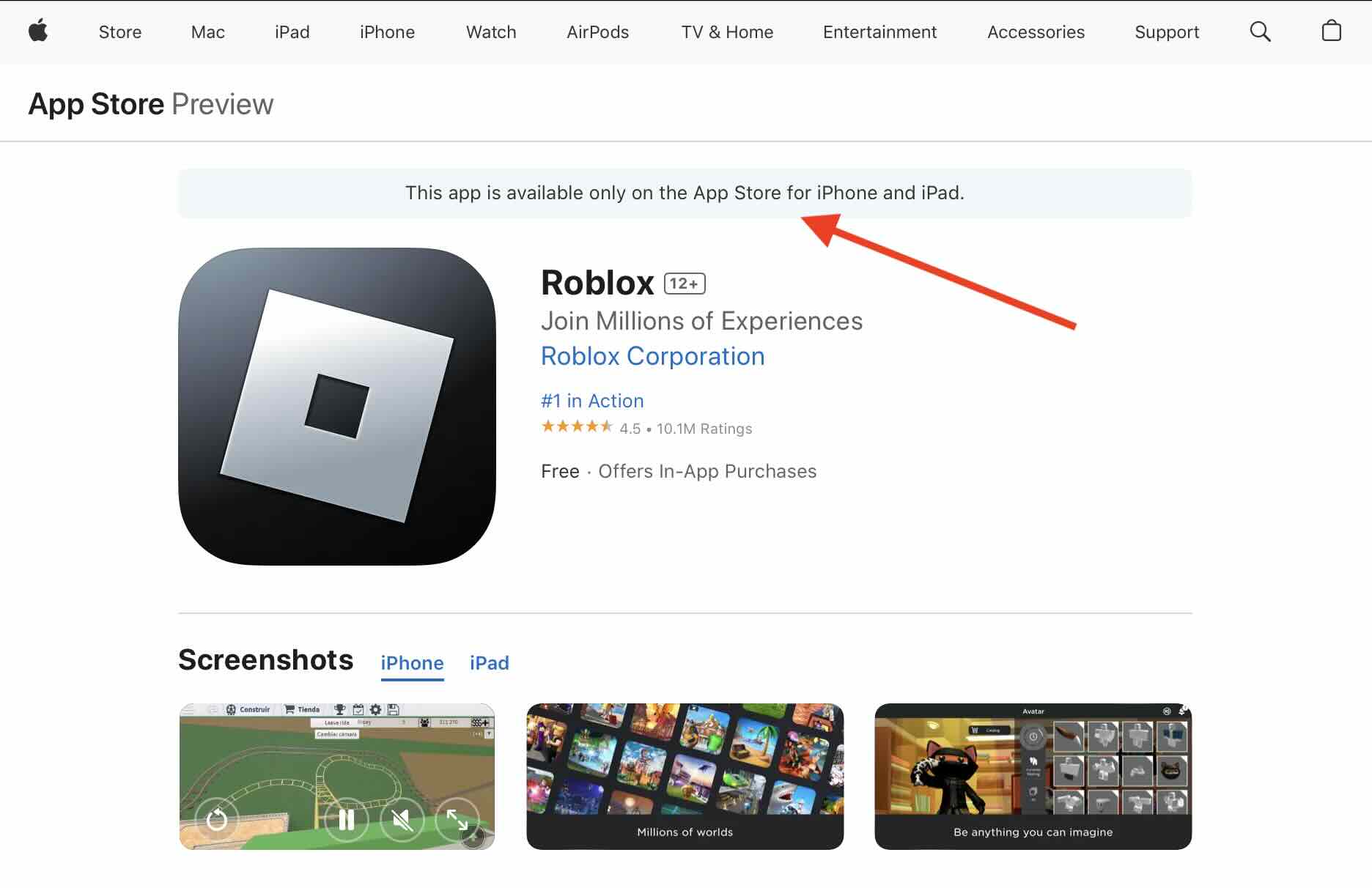 Roblox app is available only on the App Store for iPhone and iPad.